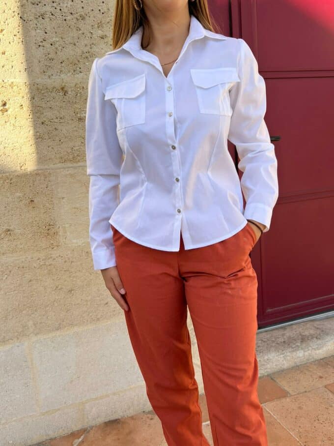 haut uni col chemisier cintré artisanat rabat bouton argenté Iris