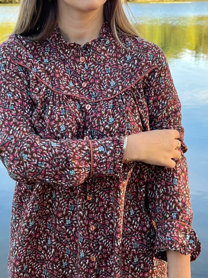 chemise froncée large col fantaisie automne marron passepoil Angel