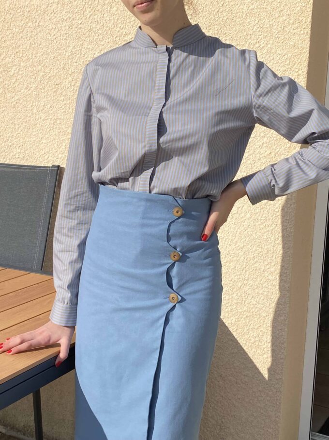 jupe bleue portefeuille mi longue coton lin fantaisie fait main Lola