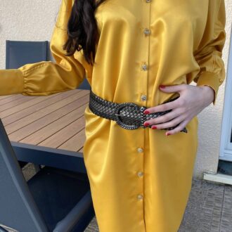 robe jaune manches longues mi longue boutonnée col rond demi-saison Kamélia