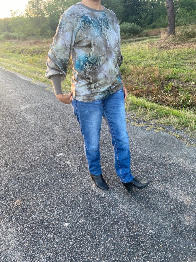 sweat femme automne imprimé abstrait kaki fait main Bordeaux emeraude