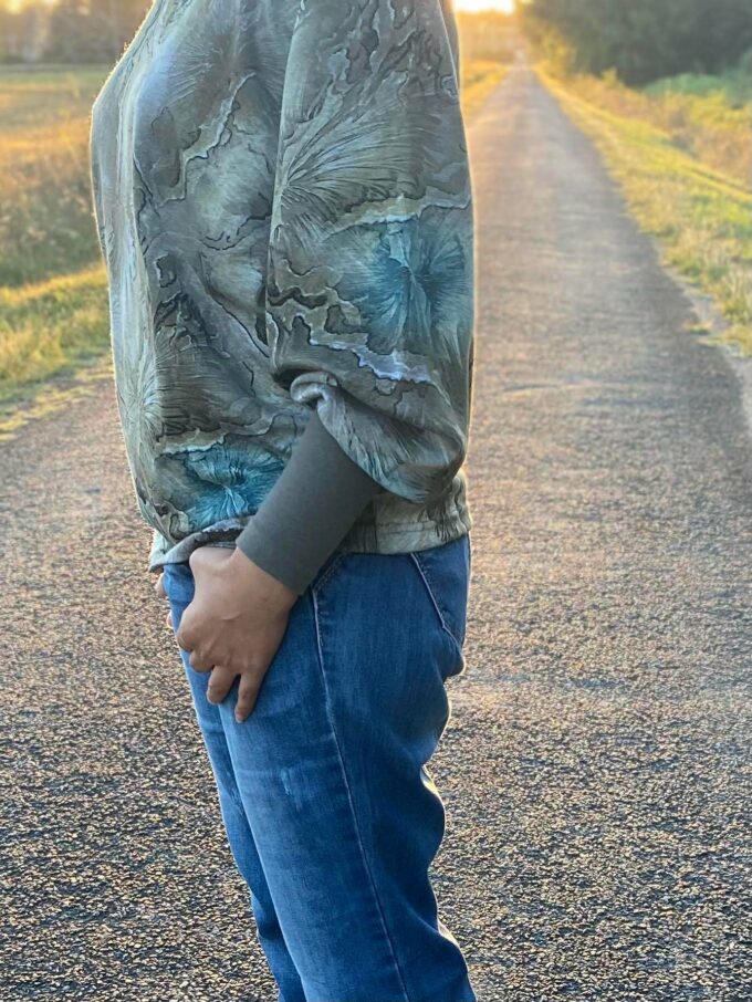 haut dame manches trois quart bouffantes coupe droite jersey polyester viscose col rond fabriqué en France emeraude