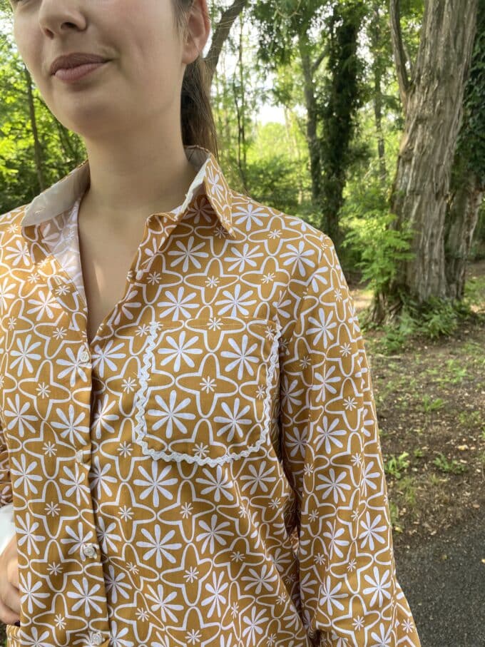 chemise manches longues moutarde imprimé mosaïque poches col chemisier deux couleurs Loriane