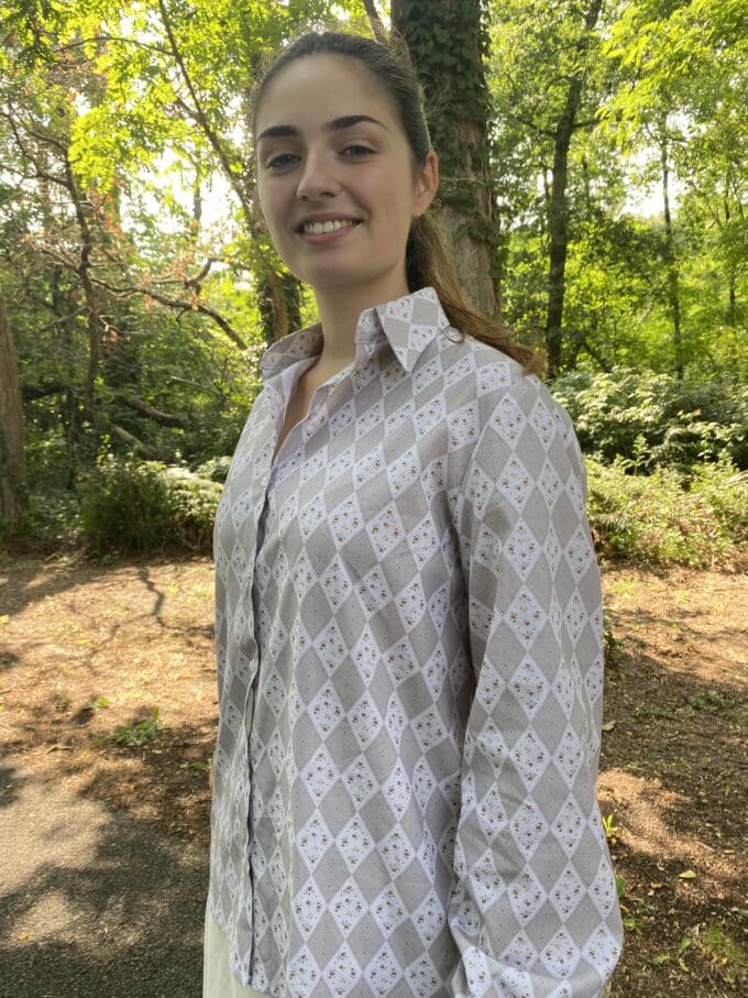 chemisier-corine-wasni-france-01 chemisier imprimée losange coton gris manches longues boutonnée Corine