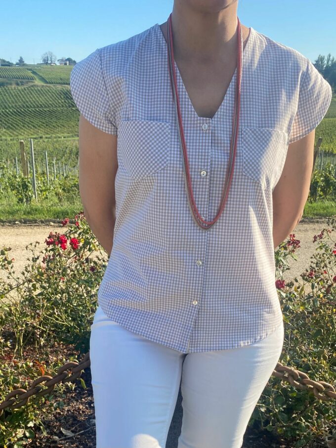 chemisier-delphine-wasni-france-01 chemise vichy beige blanc boutonné manches courtes fantaisie bi matière coton dentelle été fabriqué en France Delphine