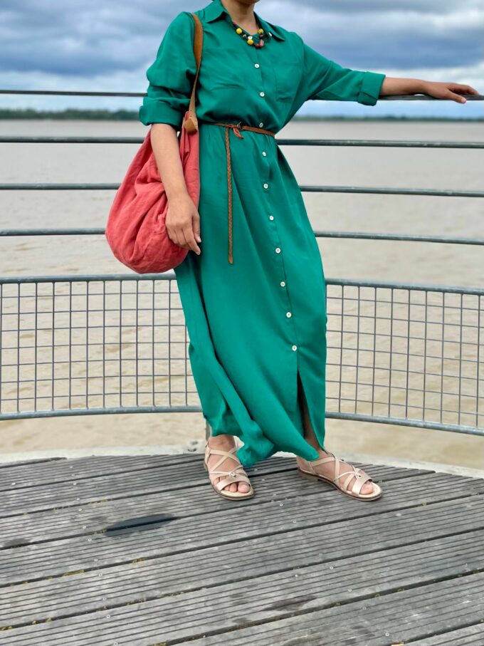 robe tendance boutonnée poche artisanat fendue maxi nacre gironde