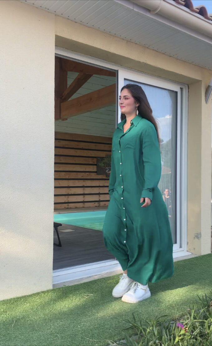 robe chemise longue boutonnée poches verte manches longues boutons nacre femme Assia