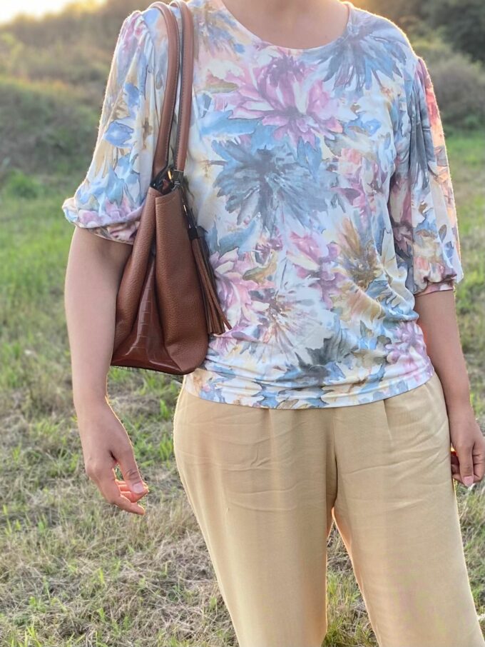 Tee-shirt imprimé pivoine manches ballons 3/4 serie limitee fait main sud ouest couture mode tendance Marion