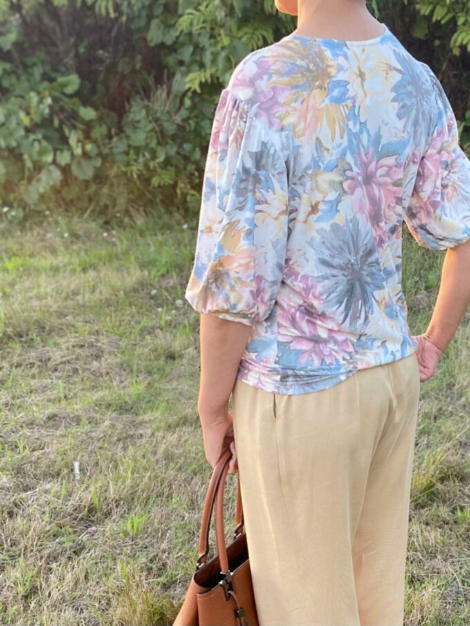 Tee-shirt imprimé pivoine manches ballons 3/4 serie limitee fait main Aquitaine créatrice marque Marion